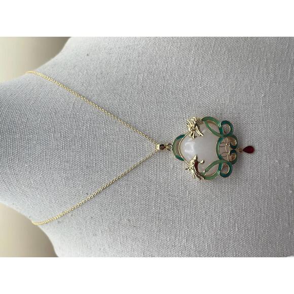 Accessories - Gold-tone Dragon and Phoenix Pendant Necklace with Green Enamel and Red Accent